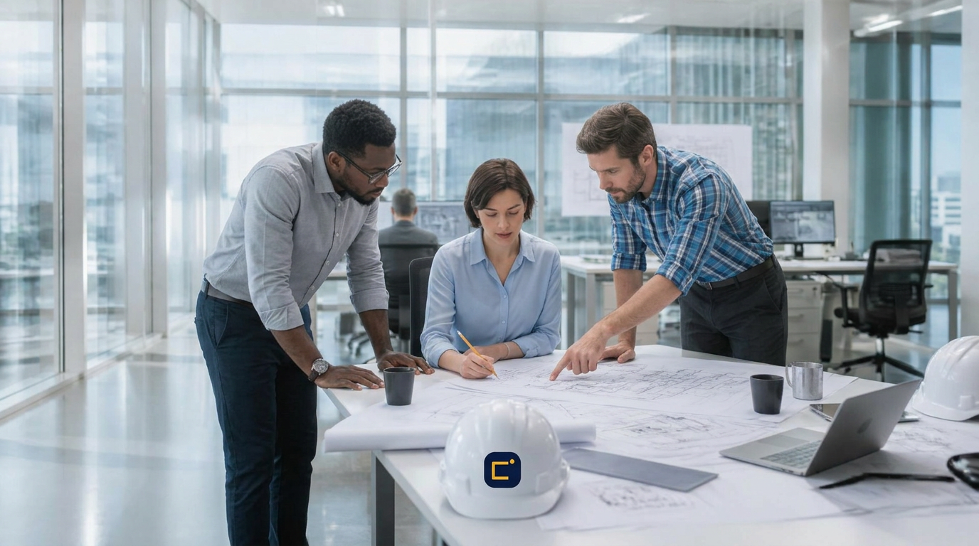 Engineers reviewing blueprints