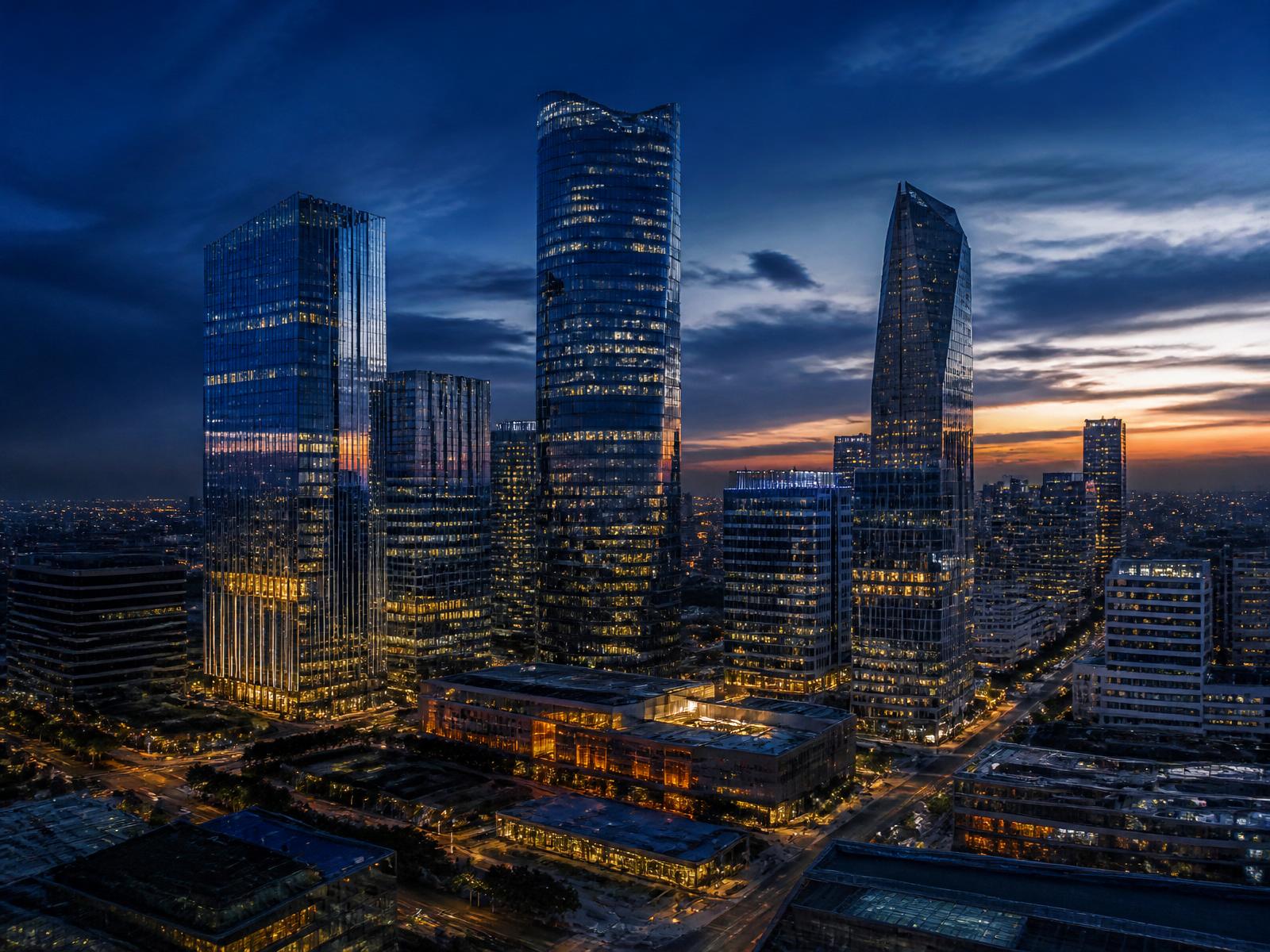 Aerial skyline of modern commercial towers at dusk