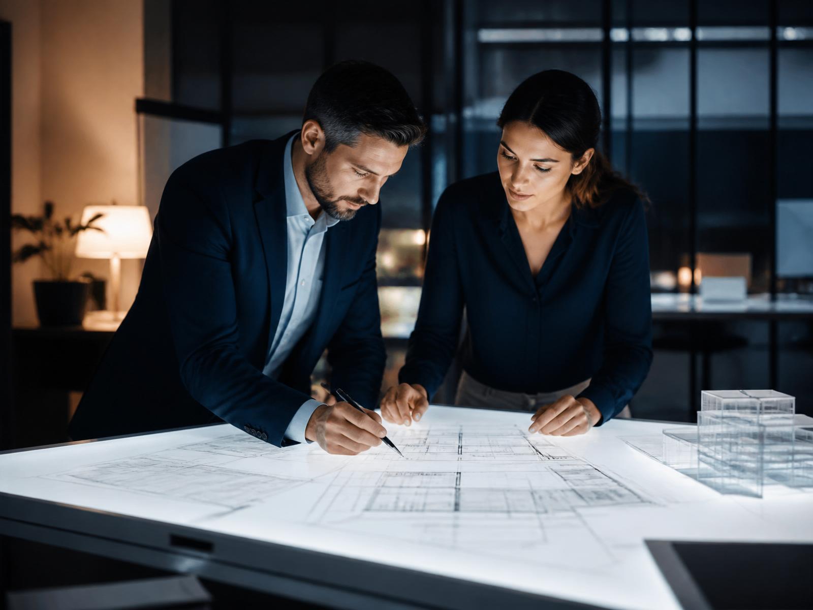 Architects reviewing large blueprints in a modern office