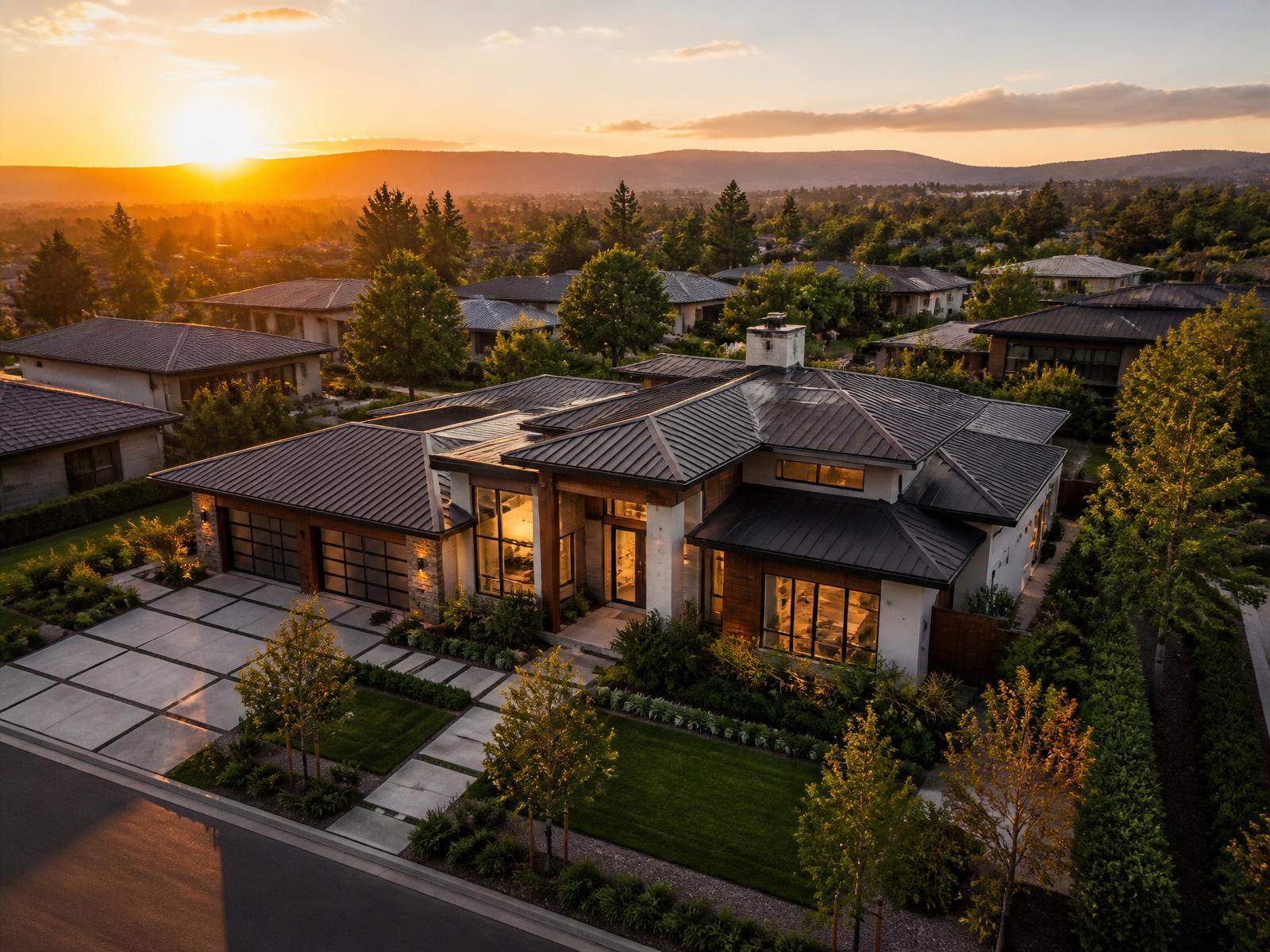 Luxury residential neighborhood at golden hour